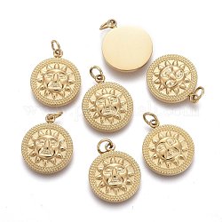 Ion Plating(IP) 304 Stainless Steel Charms, with Jump Ring, Flat Round with Sun, Golden, 14.5x12x2.3mm, Hole: 2.8mm