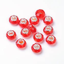 Perline di vetro europeo , perline con foro grande, rosso, nucleo in ottone color argento, circa 14 mm di larghezza, 9 mm di lunghezza, Foro: 5 mm
