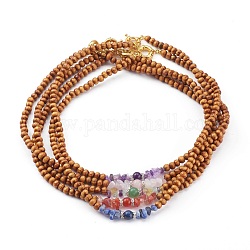 Colliers de perles en bois naturel, avec des perles de pierres précieuses naturelles et des perles de strass en laiton, Round & chips, or, 20.07 pouce (51 cm)