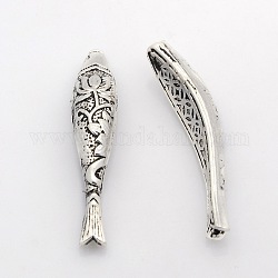 Stile tibetano perline pesci in lega di zinco di loto fiore, argento antico, 43x9x6mm, Foro: 1 mm