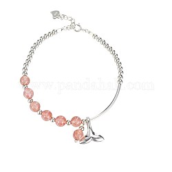Round Rose Quartz Beads and Whale Tail Charm Bracelet for Teen Girl Women, 925 Sterling Silver Bracelet, Pink, Platinum