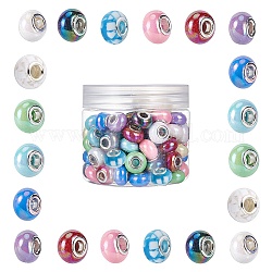 Sunnyclue 100pcs 10 couleurs perles européennes en résine opaque, Perles avec un grand trou   , imitation porcelaine, en laiton de tonalité de platine noyaux doubles, couleur ab , rondelle, couleur mixte, 14x9mm, Trou: 5mm