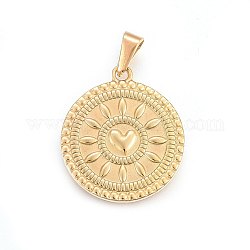 304 Stainless Steel Pendants, Flat Round with Heart, Golden, 28.5x25x2.5mm, Hole: 11x5mm