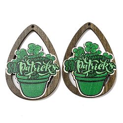 Grands pendentifs en bois imprimé à face unique de la saint-Patrick, breloques en forme de larme avec trèfle, verte, 54x37.5x2.5mm, Trou: 1.5mm