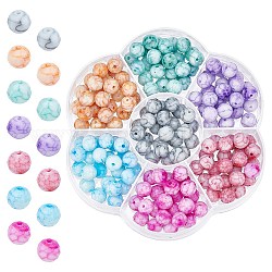 Superfindings 175pcs 7 colores opacos horneado pintado craquelado perlas de vidrio, facetados, redondo, color mezclado, 8x7.5mm, agujero: 0.8 mm, 25 piezas / color