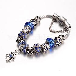 Alliage perles de verre bracelets européens, avec strass et chaîne en laiton, bleu, 190mm