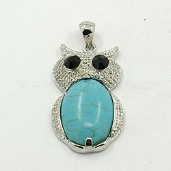 Synthetic Turquoise Pendants, with Brass Rhinestone Findings, Dyed, Owl, Platinum Metal Color, Medium Turquoise, 40x23x8mm, Hole: 4x6.5mm