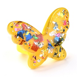 Bagues en acrylique, avec paillette, papillon, jaune, 6.5~29.5mm, diamètre intérieur: 18 mm, papillon : 29.5x38.5x6mm.