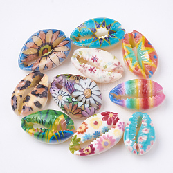 Printed Natural Cowrie Shell Beads, No Hole/Undrilled, Mixed Color, 20~25x14~16x5~7mm