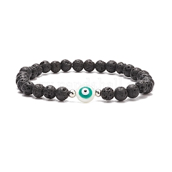Flat Round with Evil Eye Shell & Natural Lava Rock Beaded Stretch Bracelet, Essential Oil Gemstone Jewelry for Women, Teal, Inner Diameter: 2-1/4 inch(5.6cm)