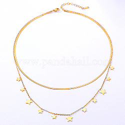 Cadenas de cable y espiga de acero inoxidable, collares de doble capa., con charms estrella, real 18k chapado en oro, 15-3/4 pulgada (40 cm)