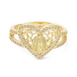 Розарий в форме сердца, настоящие позолоченные кольца 18k для девочек, женщин, подарок, регулируемые кольца из латунного микропаве из циркония, религиозные украшения, прозрачные, размер США 7 1/4 (17.5 мм)