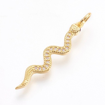 Brass Micro Pave Cubic Zirconia Pendants, Long-Lasting Plated, Snake, Lead Free & Nickel Free & Cadmium Free, Clear, Real 18K Gold Plated, 29x6x2mm, Hole: 3mm