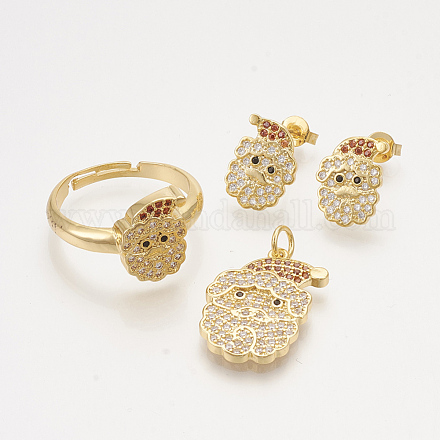 Ciondoli in ottone con zirconi cubici e orecchini a bottone e anelli regolabili set di gioielli SJEW-S043-11-1