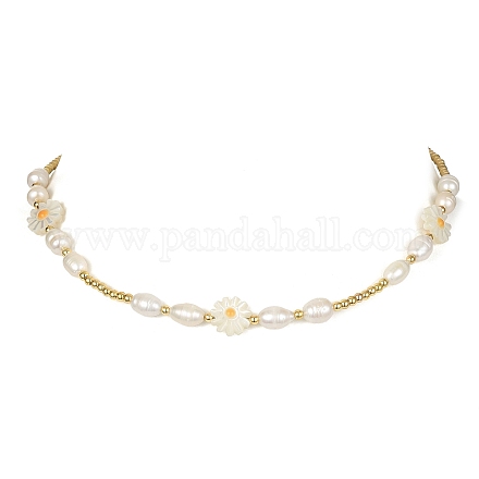 Collier de perles rondes en alliage et fleur de perles de coquillage NJEW-TA00128-1