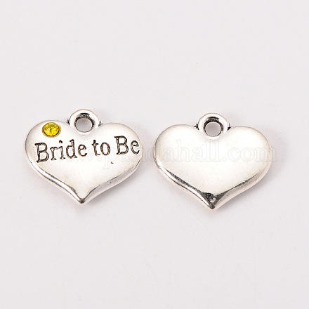 Wedding Theme Antique Silver Tone Tibetan Style Heart with Bride to Be Rhinestone Charms X-TIBEP-N005-10E-1