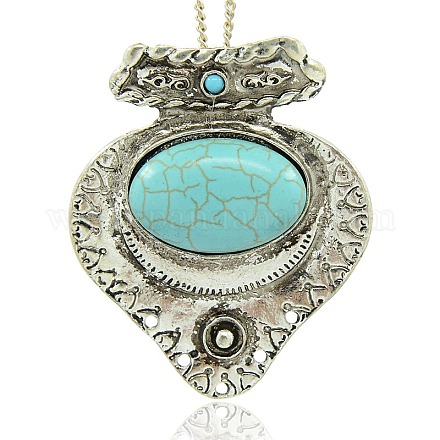 Antique Silver Plated Alloy Synthetic Turquoise Big Pendants PALLOY-J224-02AS-1