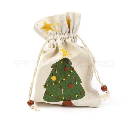 クリスマステーマの綿生地布バッグ  巾着袋  クリスマスパーティースナックギフトオーナメント用  木模様  22x15cm ABAG-H104-A01-1