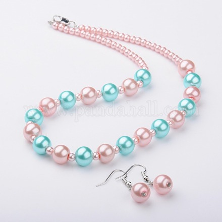 Glass Pearl Round Beads Jewelry Sets: Earrings & Necklaces SJEW-JS00797-03-1