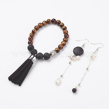 Ensembles de bijoux bracelets et boucles d'oreilles en perles de lave et perles d'obsidienne SJEW-JS00904-01-1