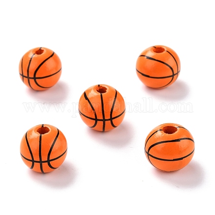 天然木のビーズ  染め  ラウンド  バスケットボールの模様  15.5x14.5mm  穴：3.2mm WOOD-K006-A04-1