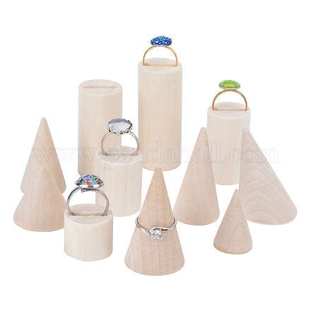 OLYCRAFT 11PCS Natural Wood Cone Ring Holders Unpainted Wood Cone Column Jewelry Ring Display Holder RDIS-OC0001-01-1
