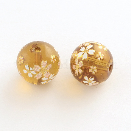 Flower Picture Transparent Glass Round Beads GFB-R004-14mm-J12-1