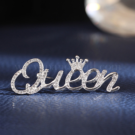 Crystal Rhinestone Crown with Word Queen Safety Pin Brooch X-GIPO-PW0001-003S-1