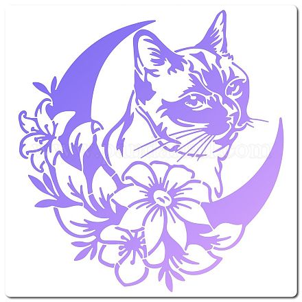 GORGECRAFT Large Cat Flowers Stencils 12x12 Inch Reusable Craft Floral Moon Stencil Template Signs Home Wall Decor for Painting on Wood Wall Scrapbook Card Floor Canvas and Tile Drawing DIY-WH0244-069-1