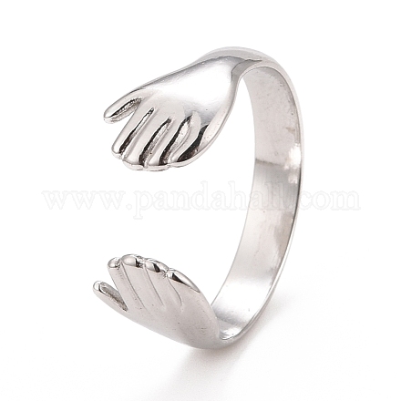 304 Stainless Steel Double Hand Hug Open Cuff Ring for Women RJEW-C025-08A-P-1