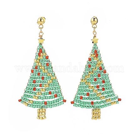 Aretes colgantes de árbol de navidad trenzado con semilla de vidrio EJEW-MZ00027-1