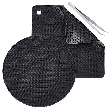 GORGECRAFT 2 Styles Silicone Doming Mats 18cm Round Square Resin Table Trivet Mats with Tweezer Heat Proof Black Honeycomb Rubber Pads Trays for Hot Pot Holder Coaster DIY Crafts Supplies FIND-GF0003-73-1