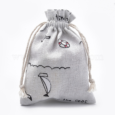 ポリコットン（ポリエステルコットン）パッキングポーチ巾着袋  印刷された海  古いレース  14x10cm ABAG-T006-A12-1