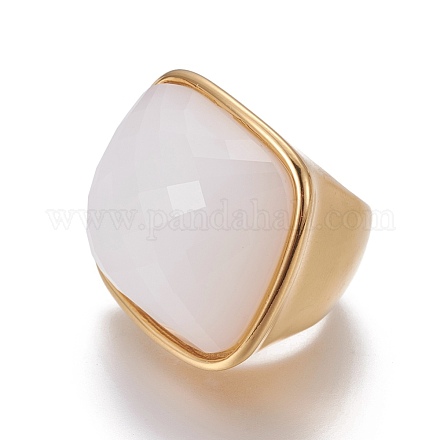 イオンプレーティング（ip）304ステンレスフィンガー指輪  ファセットガラス付き  ゴールドカラー  乳白色  サイズ6~9  16~19mm RJEW-E157-35G-02-1
