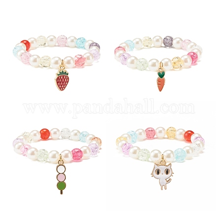 Candy Color Round Beaded Stretch Bracelet with Enamel Charm for Kid BJEW-JB07637-1