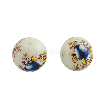 Perles rondes en verre avec motif de fleurs GFB-R004-14mm-06-1