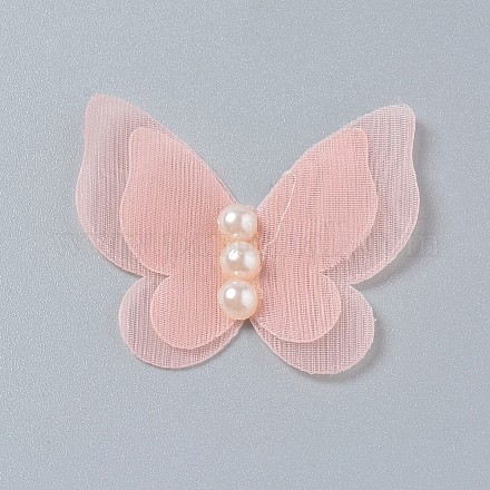 蝶のオーガンジーの装飾品  アクリルパール付き  ヘアアクセサリー製造用  ピンク  33~35x42~47x3mm AJEW-WH0079-F04-1
