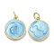 Brass Pendants, Round Charms, with Enamel, Real 18K Gold Plated, Cadmium Free & Lead Free, Rack Plating, Long-Lasting Plated, Blue, 16.5x14x3mm, Hole: 3.4mm, Jump Ring: 5x1mm
