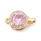 Brass Micro Pave Cubic Zirconia Box Clasps, with Glass, Flat Round, Real 18K Gold Plated, Pink, 16.5x10x7mm, Hole: 1.2mm