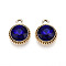 K5 Glass Pendants, Flat Round, Faceted, with Alloy Findings, Light Gold, Midnight Blue, 17~17.7x14x5.2~6mm, Hole: 2mm