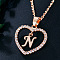 Alloy Crystal Rhinestone Heart with Initial Pendant Necklaces, Rose Gold, Letter N, 16.93 inch(43cm)