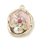 Brass Micro Pave Clear Cubic Zirconia Pendants, with Enamel, Oval with Flower Charms, with ABS Imitation Pearl, Pink, 23x17.5x4.5mm, Hole: 1.6mm