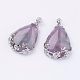 Teardrop with Flower Platinum Plated Brass Natural Amethyst Pendants G-F228-37F-RS-1