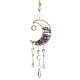 Chip di ametista naturale avvolto in filo e decorazioni in ottone con pendente a forma di luna HJEW-JM01504-02-1
