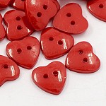 Botones de acrílico de corazón, botones de plástico de costura para el diseño de vestuario, 2 agujero, teñido, de color rojo oscuro, 14x14x3mm, agujero: 1 mm