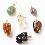 Natural Gemstone Pendants, Wire Wrapped Pendants, with Golden Plated Copper Wire, Nuggets, 32~40x15~22mm, Hole: 3mm