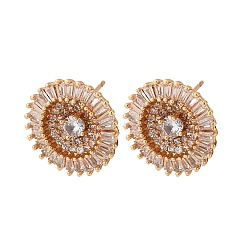 Orecchini a bottone in ottone tondo piatto con micro pavé di zirconi cubici trasparenti per donna&nbsp;EJEW-G428-13G