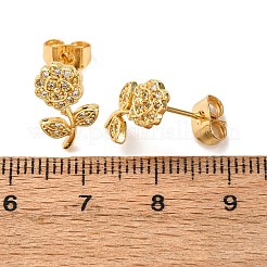 Orecchini a bottone in ottone con micro pavé di zirconi cubici trasparenti e fiori&nbsp;EJEW-K267-35G