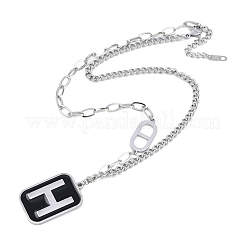 Collane a catena intrecciata con ciondolo rettangolare h in smalto nero in acciaio inossidabile 304 per donna&nbsp;NJEW-M078-01P