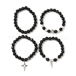 4 Uds. Conjunto de pulseras elásticas de roca de lava y obsidiana de plata natural de 4 estilos&nbsp;BJEW-JB09480